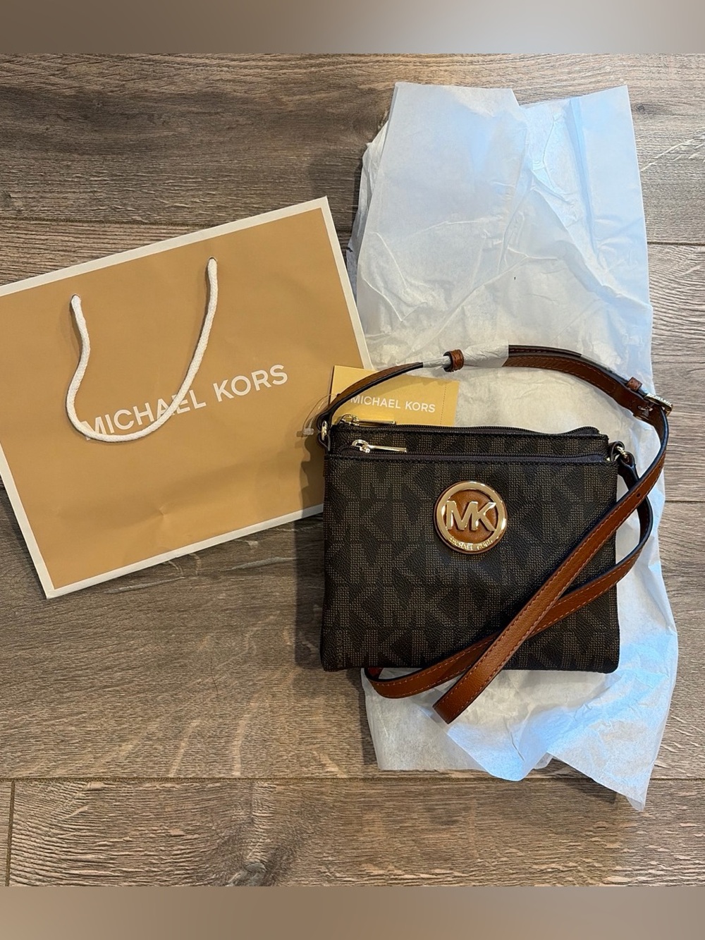 Michael Kors Dark Brown MK Logo Crossbody with Tan Strap and Gold Logo